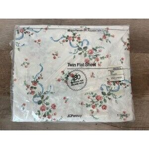 JCPenney Twin Flat Sheet Ribbonette White Pink Flower Blue Ribbon